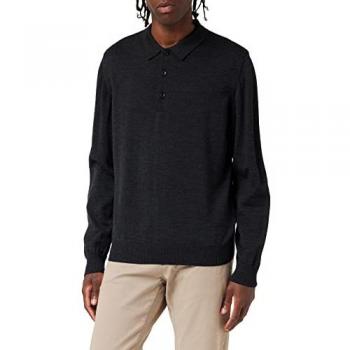Pullover de hombre con cuello tipo polo y botones, 100% lana virgen, talla 56, color antracita melange