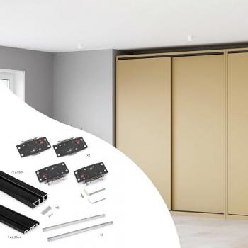 Kit de herrajes para armario 2 puertas correderas y cierre suave Flow2 con carriles de superficie 2.35m, tableros no incluidos, pintado negro