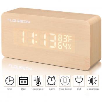 FLOUREON Reloj Despertador Digital con Cable USB -Mesa Reloj Calendario/Tiempo/Temperatura/humeded/Sensor de Sonidocon 3 Alarmas programables, Doble Potencia, Control de Voz