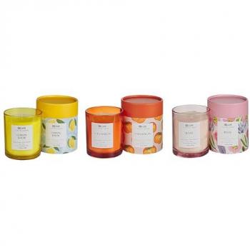 Conjunto de 3 velas aromáticas multicolor 100% cera de soja con mecha de algodón en vaso, fragancias florales orientales: rosa, caqui y melisa