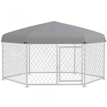 PawHut Perrera de Exterior Hexagonal Jaula para Perros con Puerta, Marco de Acero Galvanizado, Toldo Impermeable y Anti-UV, Dimensiones 210x185x150 cm, Color Plata