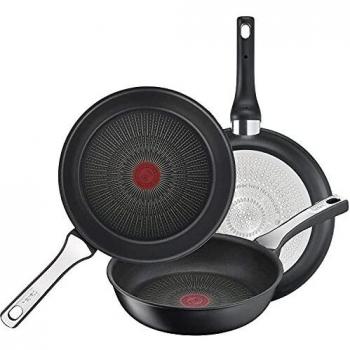 Tefal Unlimited On - Juego de 3 Sartenes de 20/24/28 cm con revestimiento muy resistente, Thermo-Signal, Thermo-Fusion, forma profunda, todo tipo de cocinas, apto para horno, sin PFOA, Color Negro