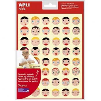 APLI Kids 18770 - Bolsa de 144 gomets con caras de Emociones en 2 tamaños, adhesivo removible, 3 hojas