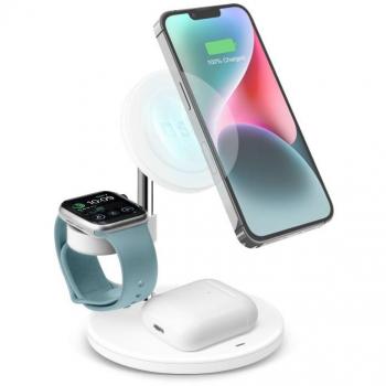 Cargador Inalámbrico 3 en 1 SBS TEWIRMAG, Carga Rápida 15W, Compatible con Auriculares, Smartphone y Reloj Inteligente, USB Tipo-C, Color Blanco