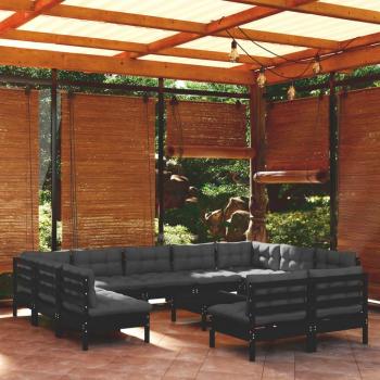 Conjunto de Muebles de Jardín 12 Piezas con Cojines Negros de Madera Maciza de Pino