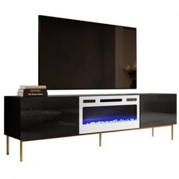 Mesa de TV Charlotte 163, Negro Brillante y Dorado, con Chimenea Eléctrica, 200x57x40cm