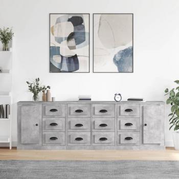 Aparador de 3 piezas de madera contrachapada en color gris hormigón, mueble de almacenaje para salón, buffet y armario auxiliar