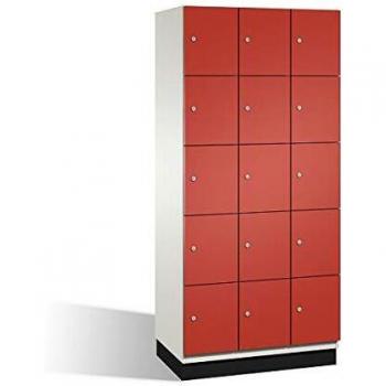 Armario de Compartimentos Bajo Llave Cambio C+P - 5 Taquillas, 3 Departamentos, Puertas de Acero, Color Blanco y Rojo, Ancho 900 mm