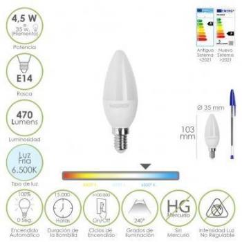 Bombilla Led Vela E14 4,5W 470lm Luz Fría