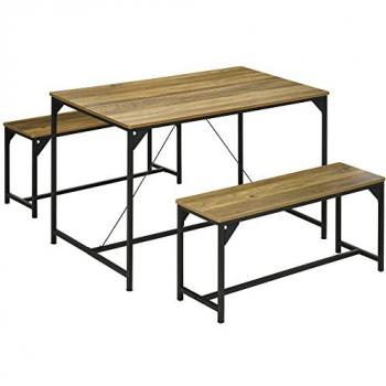 Conjunto de Comedor HOMCOM Mesa con 2 Bancos para 4 Personas, Tamaño 120x70x75 cm, Color Natural