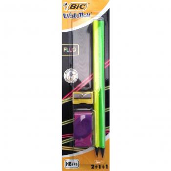 BIC Evolution Fluo - Blíster con 2 lápices, 1 goma y 1 sacapuntas
