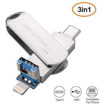 ASTOTSELL Unidad Flash USB 3 en 1 de 32 GB, expansión de Memoria de Almacenamiento Compatible con Memoria USB para iPhone, Android, Windows