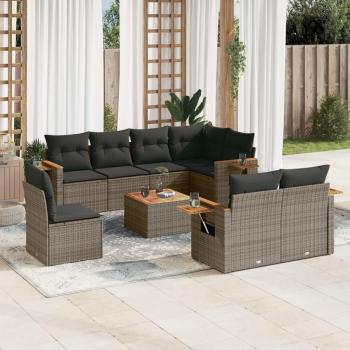 9-Piece Grey Poly Rattan Garden Sofa Set with Cushions