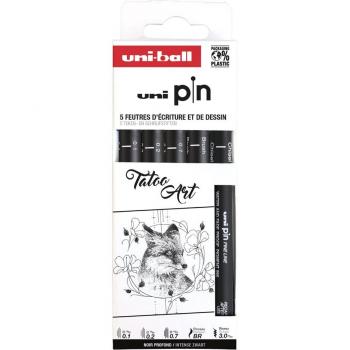 Rotuladores calibrados Uni Pin Tattoo Art 5 piezas - pack de 5 rotuladores calibrados (0.1, 0.2, 0.7, 1.0, brush y chisel 3.0