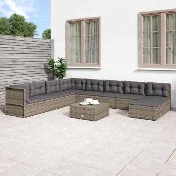 9-Piece Gray Poly Rattan Garden Lounge Set with Cushions