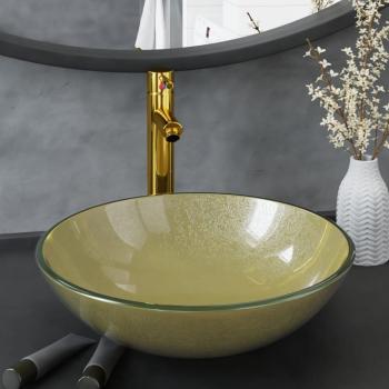 Lavabo con grifo, tapón pulsador de cristal templado esmerilado y color dorado