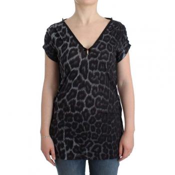 Roberto Cavalli Women's Gray Leopard V-Neck Blouse Top - Size XL (IT46)
