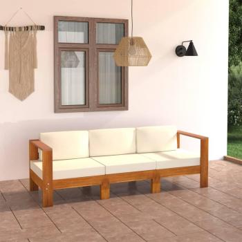 3-Seater Garden Sofa with Cream Cushions - Solid Acacia Wood