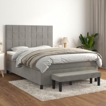 Cama box spring con colchón de terciopelo gris claro 140x190 cm