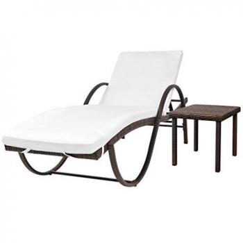 Brown Poly Rattan Sun Lounger with Cushion and Table