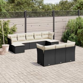 10-Piece Black Poly Rattan Garden Sofa Set with Cushions