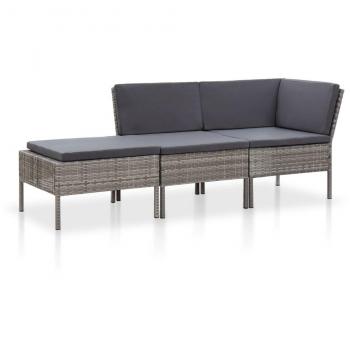 3 Piece Grey Poly Rattan Garden Lounge Set with Cushions