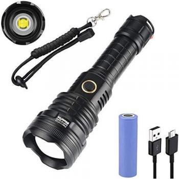 WholeFire Linterna LED XHP90 Alta Potencia 10000 Lúmenes, USB Recargable Impermeable 5 Modos de Zoom, P90 Linterna Táctica Militar con Batería y Cable USB