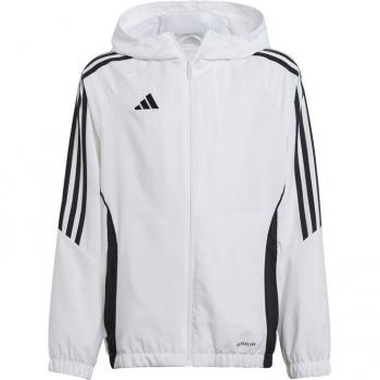 Cortavientos de fútbol Adidas Tiro24 infantil blanco, chaqueta ligera, material resistente al viento, diseño clásico, cierre frontal con cremallera, bolsillos laterales con cremallera, ajuste en el dobladillo y puños