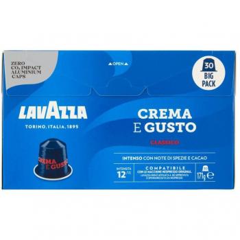 Cápsulas de café espresso monodosis Lavazza Crema e Gusto, mezcla de Robusta y Arábica, tueste natural, compatibles con Nespresso, 30 cápsulas