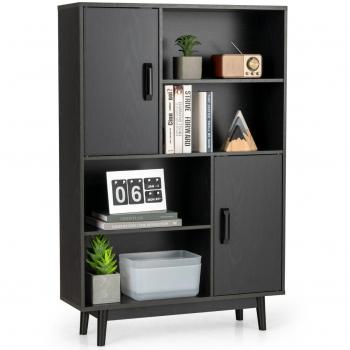 Armario de Madera Costway con 4 Niveles, 2 Puertas, 4 Repisas Abiertas, Antivuelco para Salón, Estudio y Cocina, Color Negro, Dimensiones 80 x 24 x
