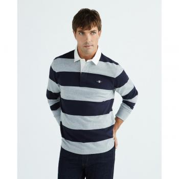 Gant Men's Long Sleeve Grey Melange Striped Rugby Shirt with Logo Embroidery