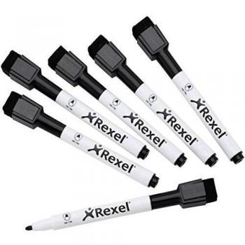 Nobo Rotuladores Pequeños de Pizarra con Capuchón de Borrado Imantado, Punta Fina de 2mm, Pack de 6, Borrado en Seco, Sin Olor, Negro, 2104184
