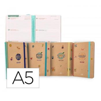 Agenda escolar Liderpapel curso 23-24 Classic DIN A5 bilingüe semana vista espiral cierre con goma. Cert. FSC