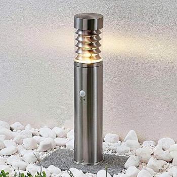 Baliza de exterior Lindby Piper con sensor, acero inoxidable, moderno, color gris, 1 llama E14, ideal para iluminación de senderos