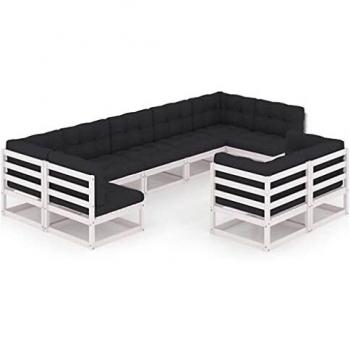 vidaXL Set de Muebles de Jardín 9 Piezas con Cojines en Madera de Pino Blanco
