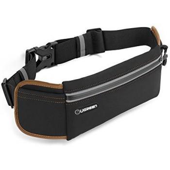 Riñonera Running, Ugreen Riñonera Deportivo Running Impermeable Bolsillos con Cremallera y Cierre de Llavero, Correa Ajustable y Tiras Reflectantes para Cintura de 65cm a 120cm, Negro