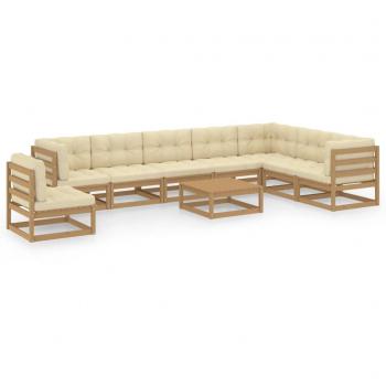 Set de muebles de jardín 9 piezas con cojines en madera de pino color marrón miel