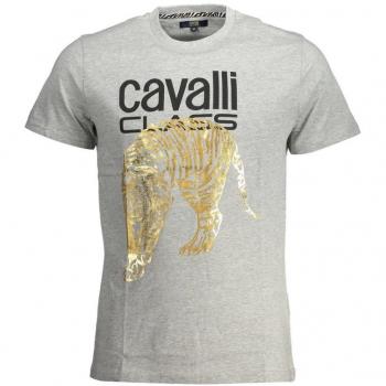 Cavalli Class Gray Cotton T-Shirt - Size L, Men's Large, Gold Tiger Stencil Logo, Printed Logo