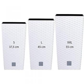 Pack 3 Macetas Altas PROSPERPLAST Rato Square de Plástico Blanco con Depósito y Textura de Ratán Natural (11,4/19/35 litros)