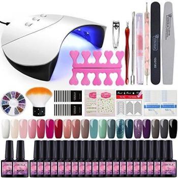 Kit Uñas Semipermanentes Completo COSCELIA con 20PCS 8ml Esmaltes Semipermanentes en Gel, Lámpara U-V/LED para Uñas 36W Base y Top Coat Herramientas para Uñas, Kit Manicura Francesa