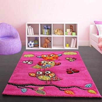 Paco Home Alfombra Infantil - Búhos - Rosa Fucsia Gris Azul, tamaño:120x170 cm