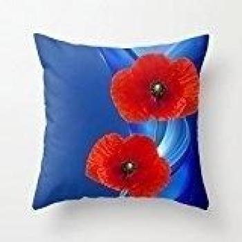 CBOutletArt Red Poppy Blue Decorative #682 Cotton Linen Decorative Throw Pillow Case Cushion Cover 18*18 Inch