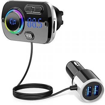 Upgrade Transmisor FM Bluetooth 5.0 Coche Manos Libres con 7 Colores Luz, Reproductor MP3 Coche Carga Rapida QC3.0, 2 USB 5V/3A&2.4A Inalámbrico Kit de Coche Soporte Tarjeta TF 32 G, AUX, SIRI