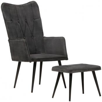 Sillón orejero con reposapiés de cuero auténtico en colores crema, gris y negro, ideal para dormitorio, cómodo y relajante. También disponible en lona negra vintage