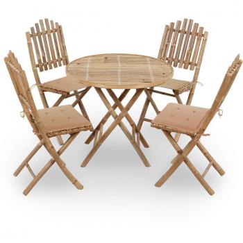 Set de almuerzo de jardín plegable de 5 piezas con cojines de bambú