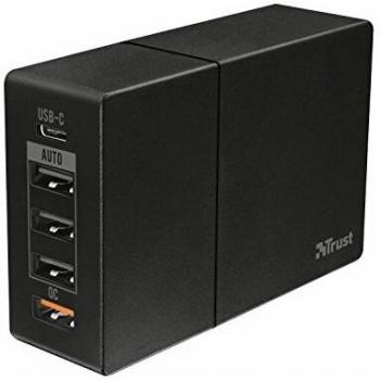 Trust Urban - Cargador de Pared Universal de 5 Puertos USB-C, USB-A y QC3.0, 52W, Negro