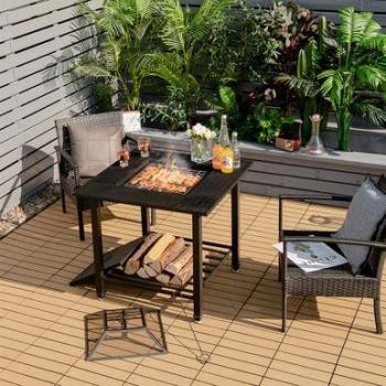 Outdoor 31-Inch Fire Pit Dining Table with Accessories - Charcoal Wood Burning, Steel Construction, Includes Cooking BBQ Grate
