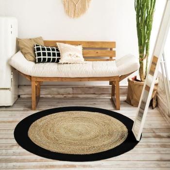 Alfombra redonda de yute natural con borde negro, diámetro 120 cm