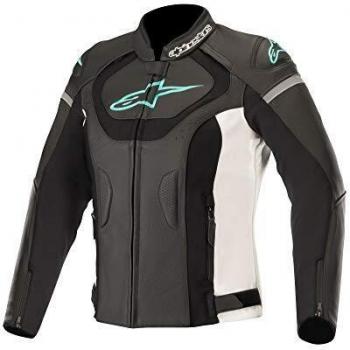 Alpinestars Chaqueta moto Stella Jaws V3 Leather Jacket Black White Teal, Negro/Azul/Blanco, 44