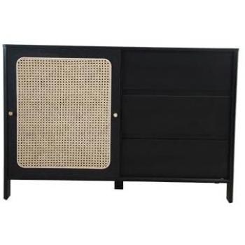 Aparador de Madera Negra y Mimbre Bali con Puerta Corredera, 120 cm, 2 Espacios de Almacenamiento y 3 Cajones